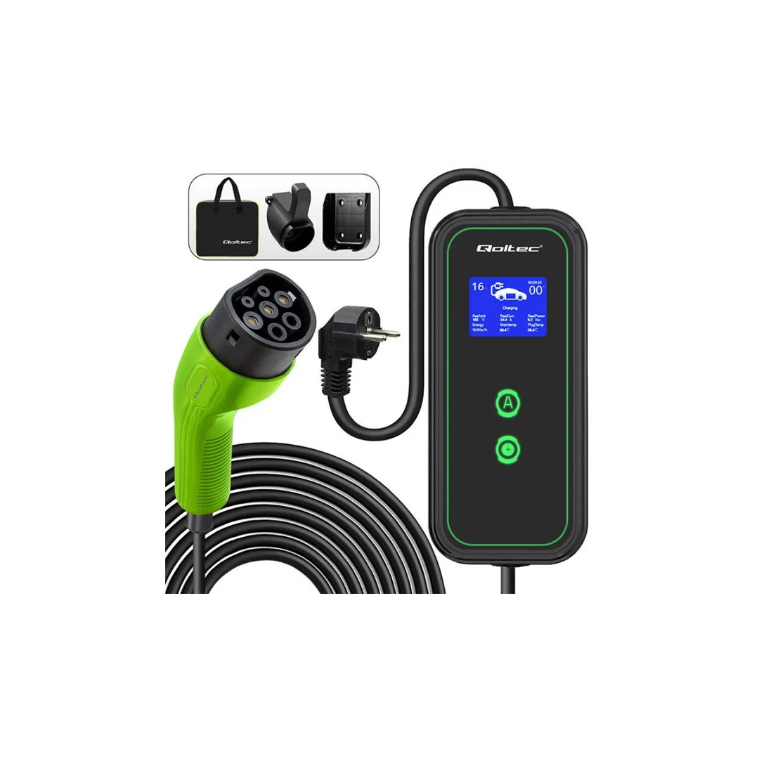 Qoltec Mobilna ładowarka do samochodu elektrycznego EV z regulacją 2w1 Typ2 3.5kW 230V SCHUKO 16A LCD Przenośna Wallbox 5m