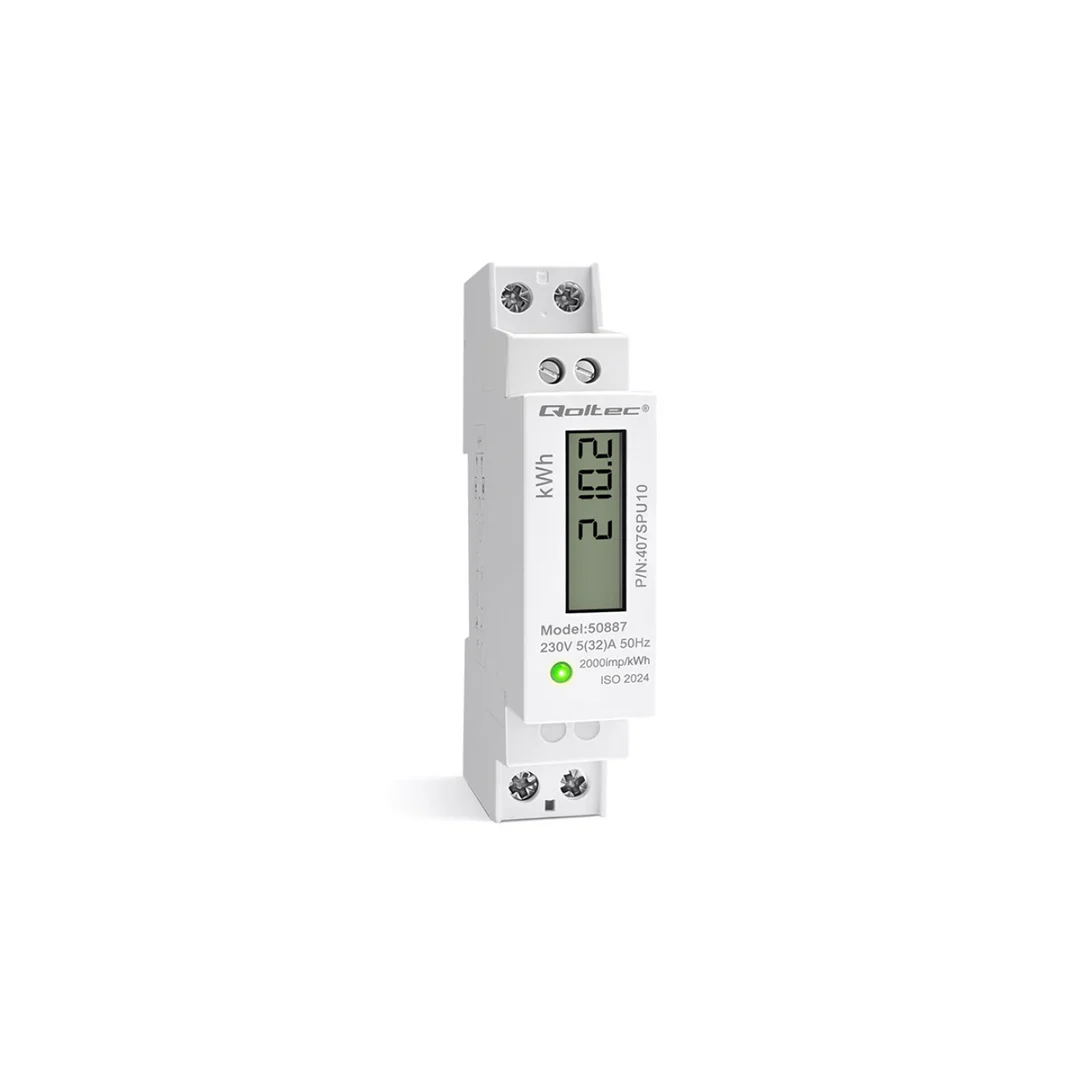Qoltec Jednofazowy elektroniczny licznik miernik zużycia energii na szynę DIN 230V 32A LCD 1P Slim