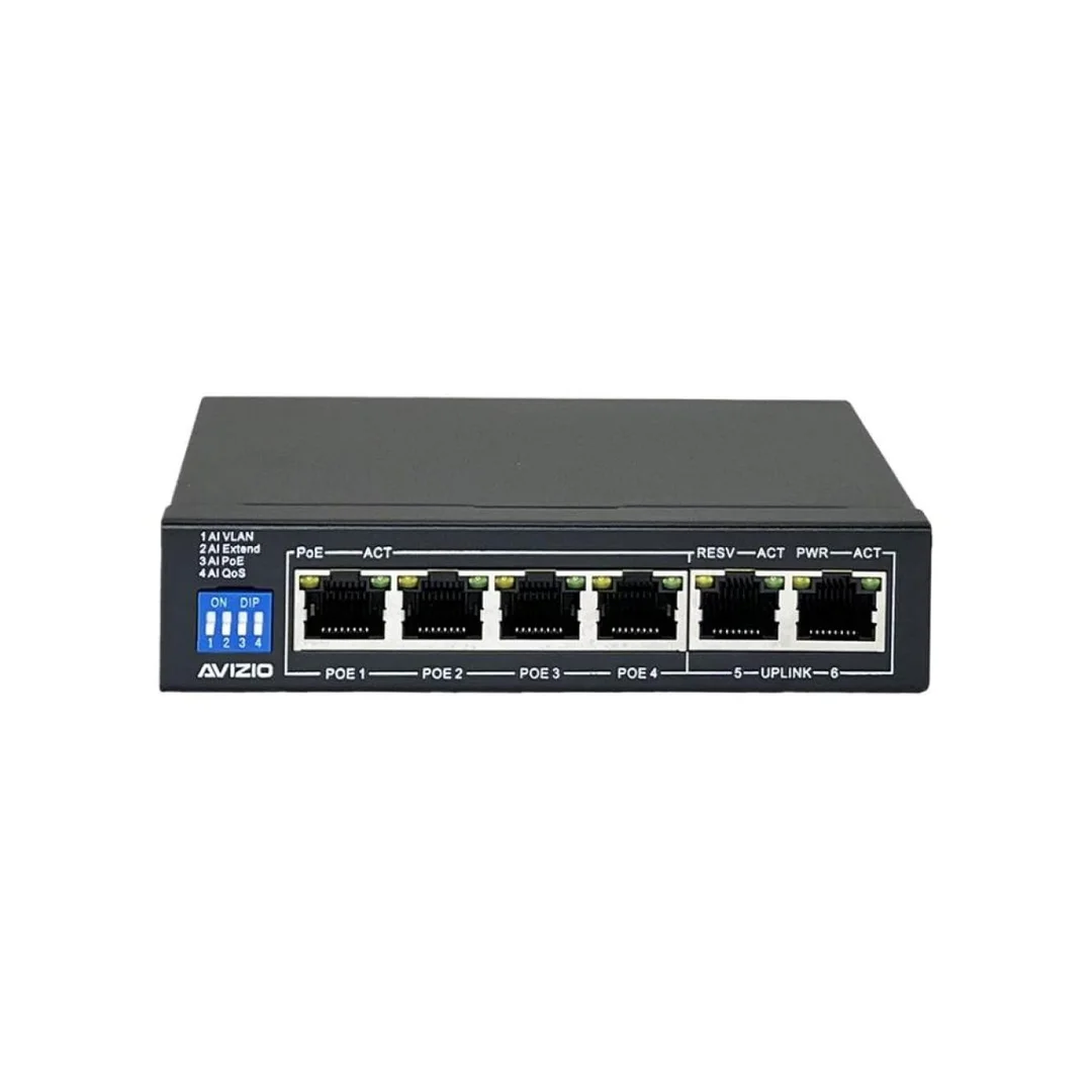 Niezarządzalny przełącznik (switch) 6xRJ45 - 4 porty RJ45 PoE+ 1Gb/s + 2 porty RJ45 Uplink 1Gb/s AVIZIO