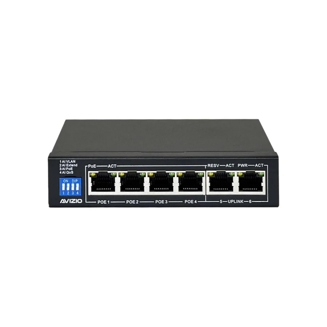 Niezarządzalny przełącznik (switch) 6xRJ45 - 4 porty RJ45 PoE+ 100Mb/s + 2 porty RJ45 Uplink 100Mb/s AVIZIO