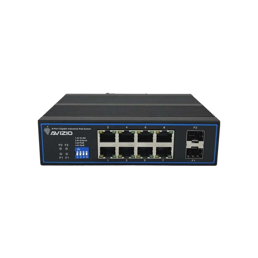 Niezarządzalny przełącznik przemysłowy (switch) 10xRJ45 - 8 portów RJ45 PoE+ 1Gb/s + 2 porty SFP Uplink 1Gb/s AVIZIO