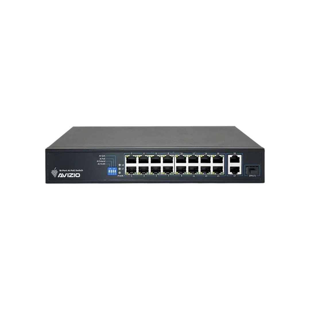 Niezarządzalny przełącznik (switch) 18xRJ45 - 16 portów RJ45 PoE+ 100Mb/s + 2 porty RJ45 Uplink 1Gb/s AVIZIO