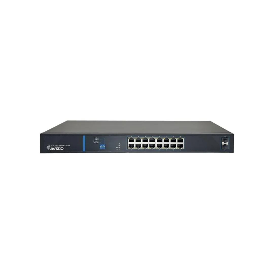 Niezarządzalny przełącznik (switch) 16 portów RJ45 PoE+ 1Gb/s + 2 porty SFP Uplink 1Gb/s AVIZIO