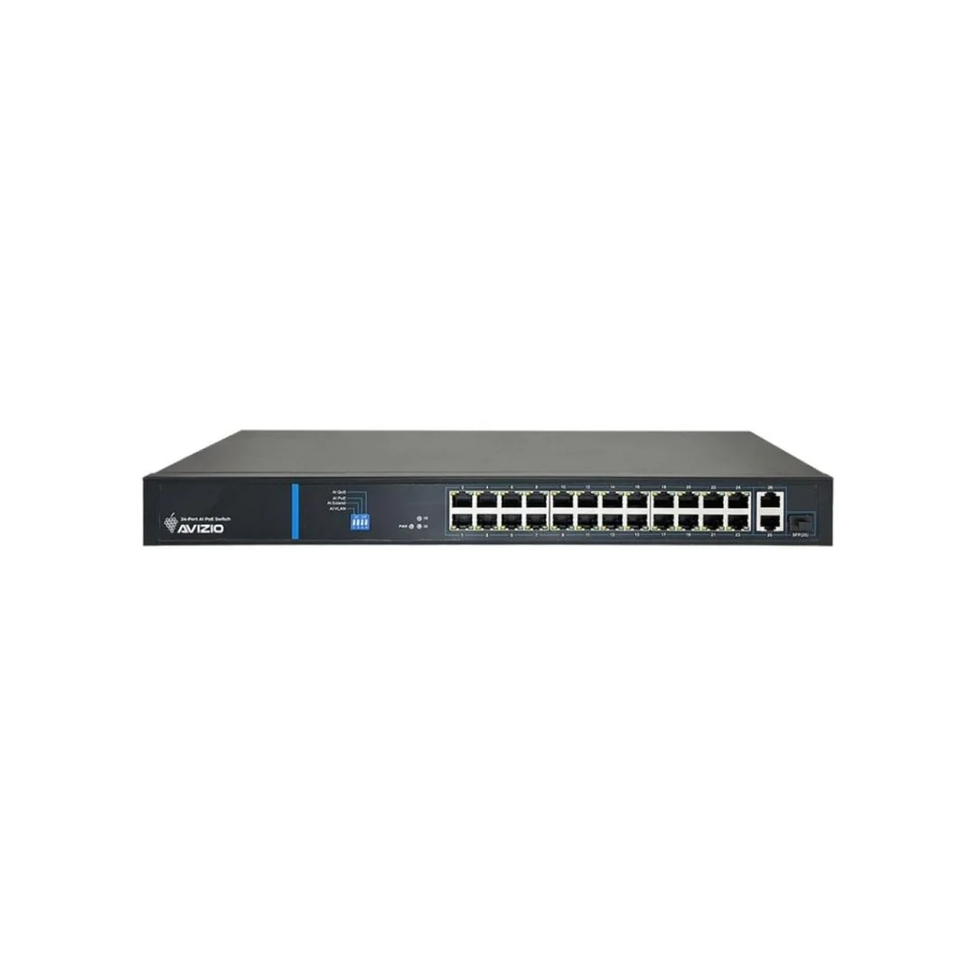 Niezarządzalny przełącznik (switch) 24 porty RJ45 PoE+ 100Mb/s + 2 porty RJ45 Uplink 1Gb/s AVIZIO