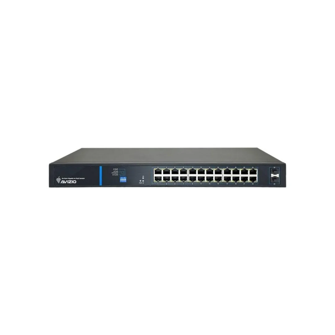 Niezarządzalny przełącznik (switch) 24 porty RJ45 PoE+ 1Gb/s + 2 porty SFP Uplink 1Gb/s AVIZIO