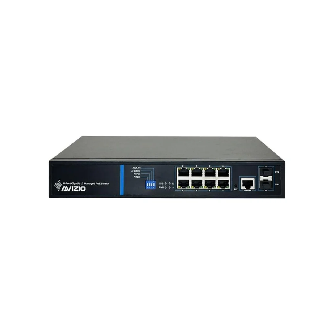 Zarządzalny przełącznik L2 (switch) 8 portów RJ45 PoE+ 1Gb/s + 2 porty SFP Uplink 1Gb/s + 1 port konsolowy RJ45 AVIZIO