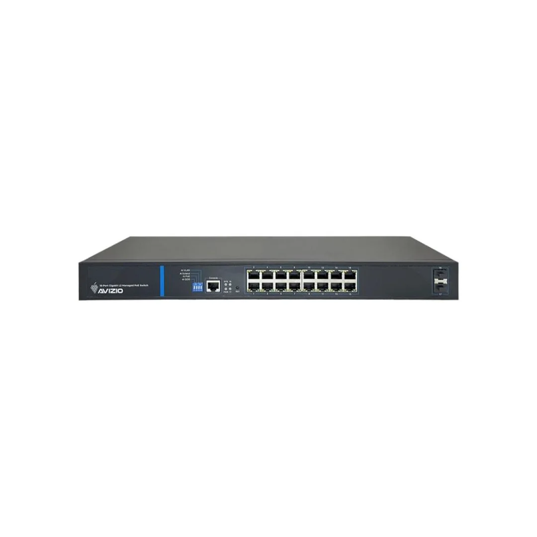 Zarządzalny przełącznik L2 (switch) 16 portów RJ45 PoE+ 1Gb/s + 2 porty SFP Uplink 1Gb/s + 1 port konsolowy RJ45 AVIZIO