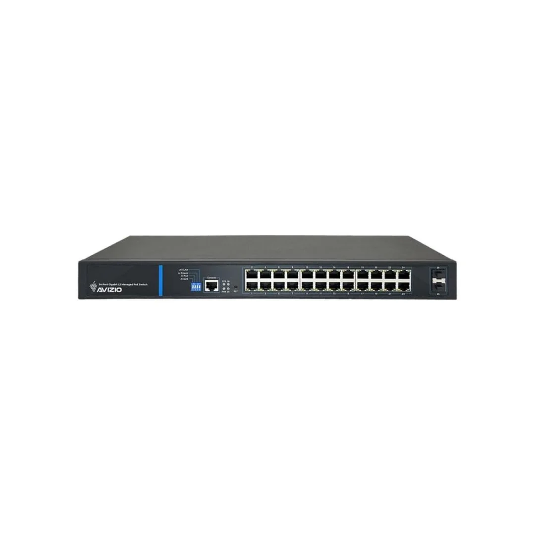 Zarządzalny przełącznik L2 (switch) 24 porty RJ45 PoE+ 1Gb/s + 2 porty SFP Uplink 1Gb/s + 1 port konsolowy RJ45 AVIZIO