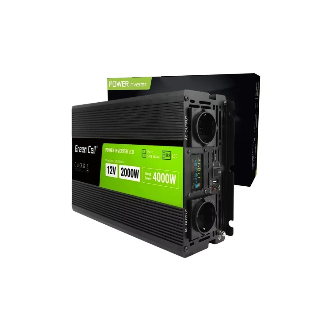 PRZETWORNICA NAPIĘCIA Green Cell PowerInverter LCD 12V / 230V 2000W/4000W CZYSTA SINUSOIDA