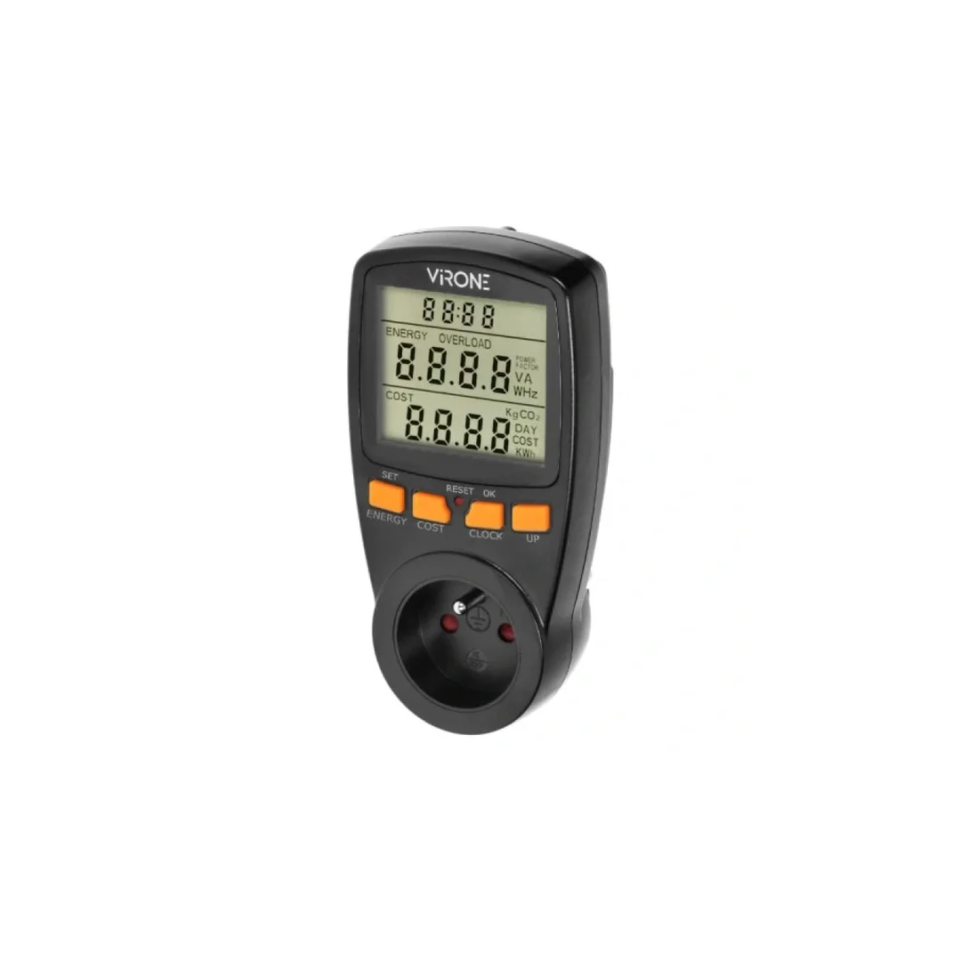 Watomierz cyfrowy LCD gniazdkowy licznik zużycia energii elektrycznej (do gniazdek typu 2P+Z) czarny VIRONE