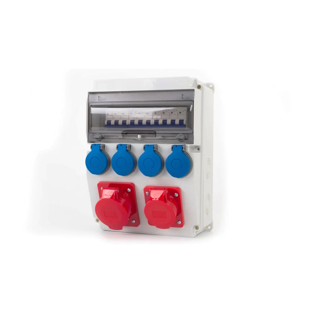 Rozdzielnica CAJA 12M - gniazda 16A 5p, 32A 5p, 4x230V + zabezpieczenia (MCB 3P C32A, 3P C16A, 1P B16Ax4 ) IP44