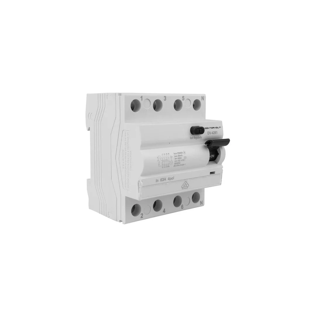 Wyłącznik różnicowoprądowy RCD 3-fazowy 63A 30mA typ A 4-biegunowy 4P (415V AC) 4-modułowy 10kA VDE Doktorvolt 120318385