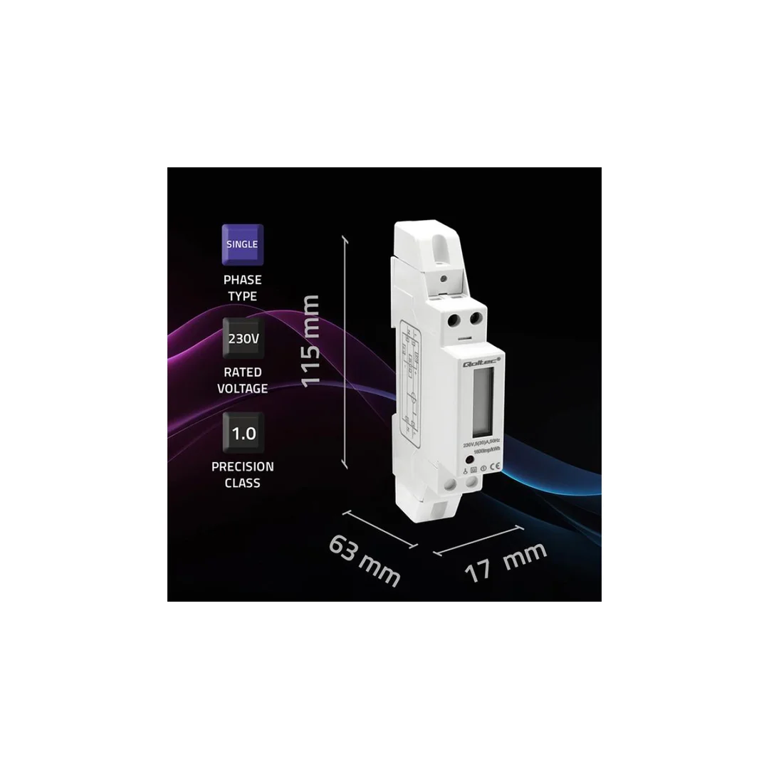 Qoltec Jednofazowy elektroniczny licznik miernik zużycia energii na szynę DIN 230V 30A LCD 1P