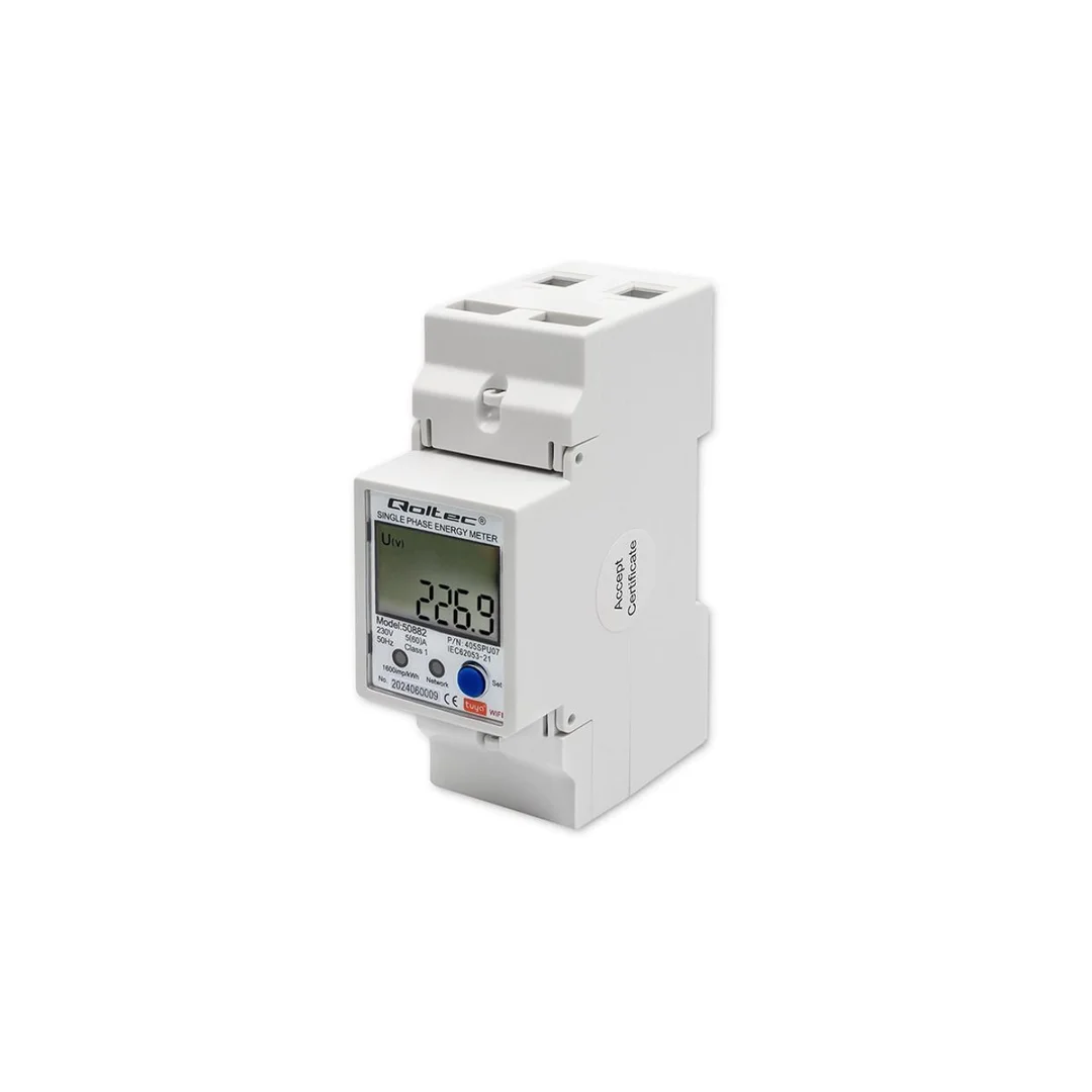 Qoltec Jednofazowy elektroniczny licznik miernik zużycia energii na szynę DIN Wi-fi TUYA 230V LCD