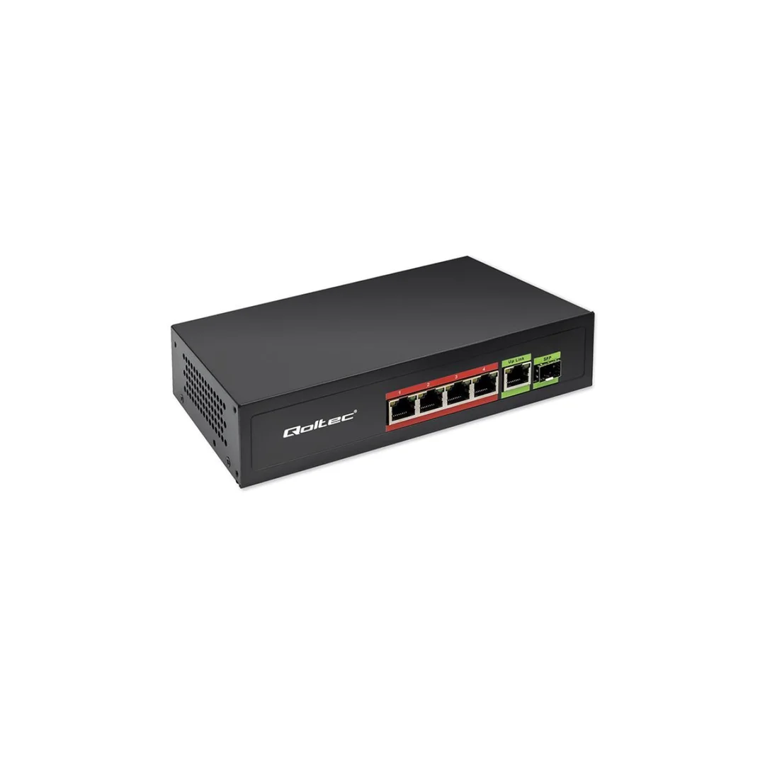 Qoltec Przełącznik sieciowy SWITCH FAST Ethernet PoE 4x RJ45 PoE 1x RJ45 Uplink 1x SFP 65W 1000 Mb