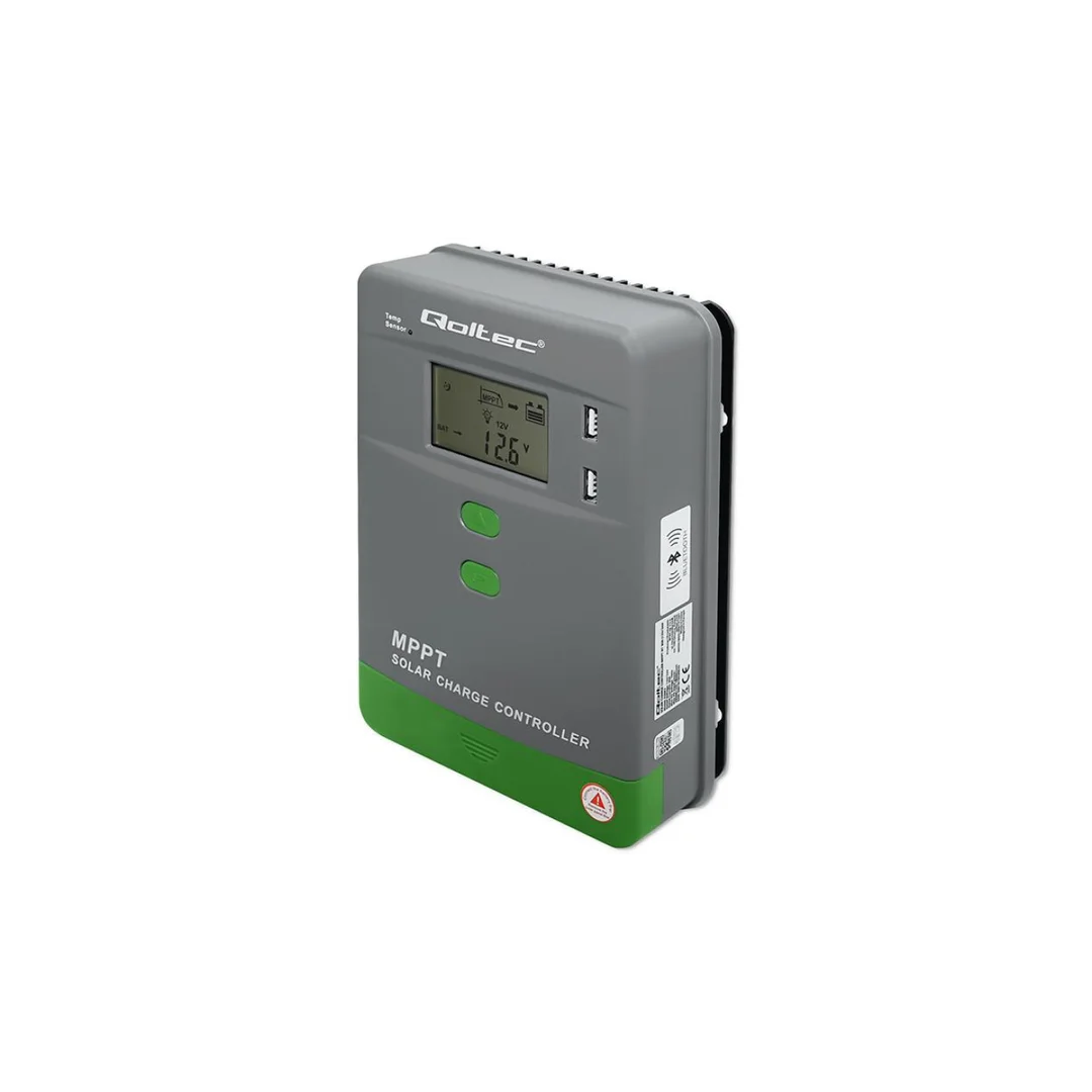 Qoltec Solarny regulator ładowania MPPT z czujnikiem temperatury 30A 12V / 24V LCD 2 x USB Bluetooth APP GEL LiFePO4