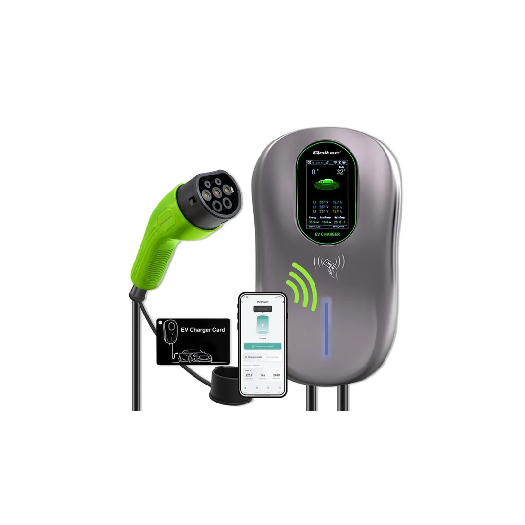 Qoltec Stacja ładowania EV 2w1 Typ2 22kW Wi-fi TUYA LCD RFID 3 fazy Wallbox 5m