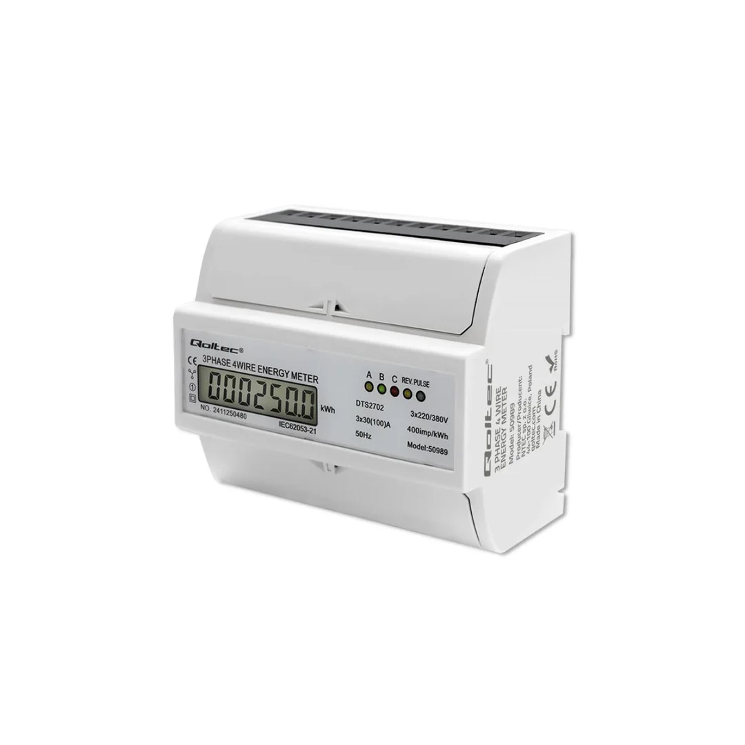 Qoltec Trójfazowy dwukierunkowy elektroniczny licznik miernik zużycia energii na szynę DIN 400V 100A LCD 4P