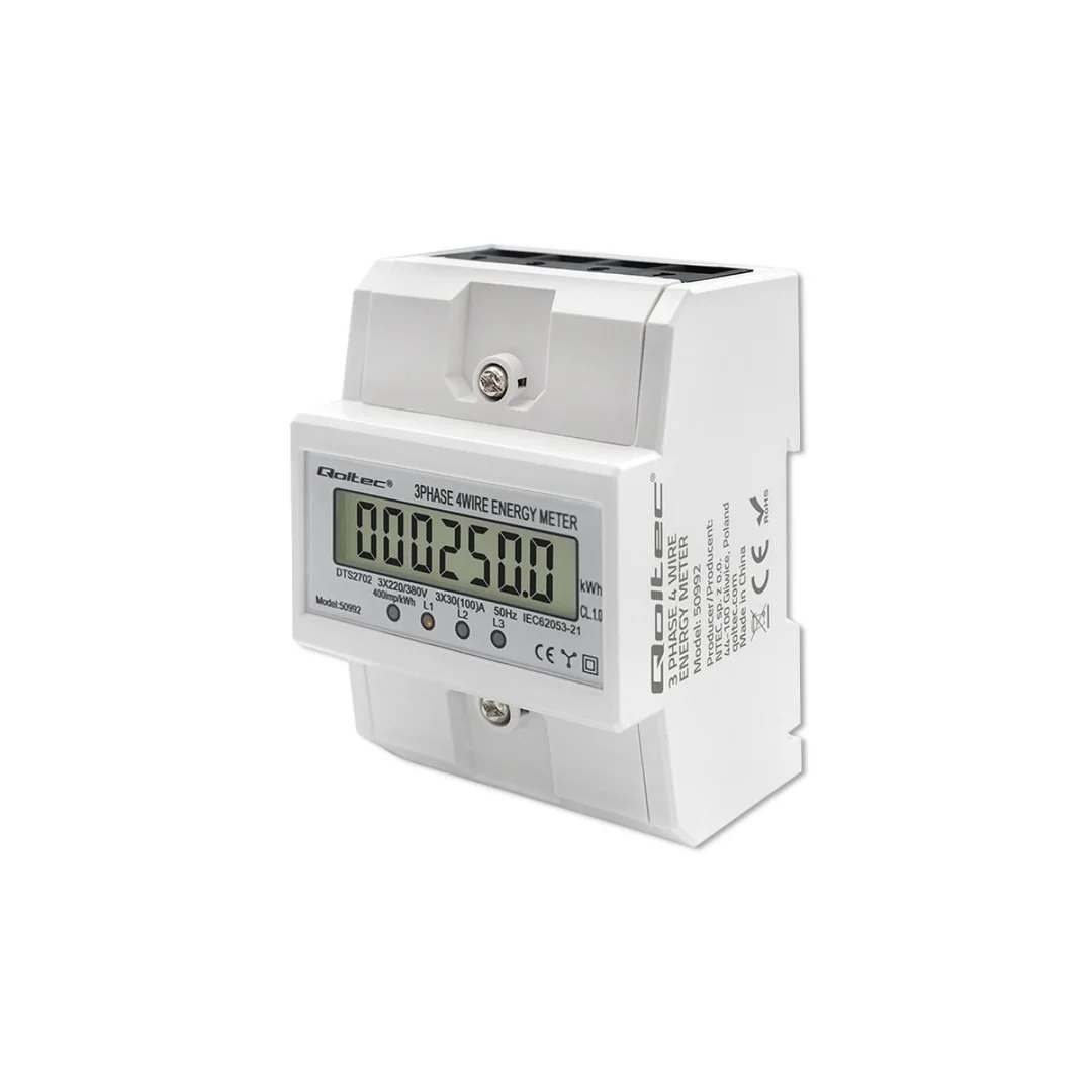 Qoltec Trójfazowy elektroniczny licznik miernik zużycia energii na szynę DIN 400V 100A LCD 4P