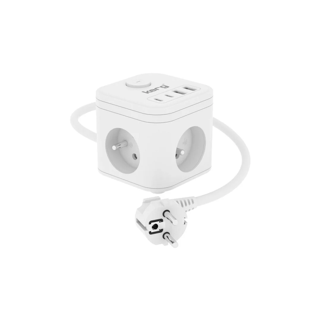 Kostka zasilająca 3-gniazdowa + ładowarka USB-A+USB-C 1,5m 3×1,5mm2 H05VV-F 16A/250V~ KERG Smart biała