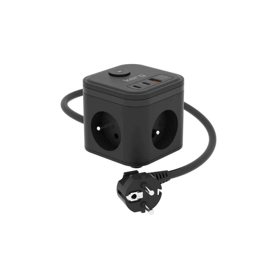 Kostka zasilająca 3-gniazdowa + szybka ładowarka USB-A+USB-C 1,5m 3×1,5mm2 H05VV-F 16A/250V~ KERG Smart czarna