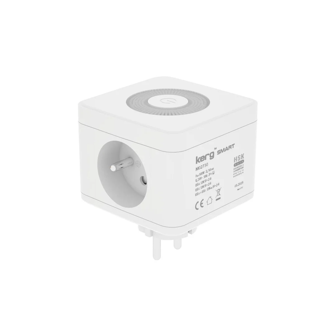 Kostka zasilająca 2-gniazdowa + ładowarka USB-A+USB-C + lampka LED 16A/250V~ KERG Smart biała