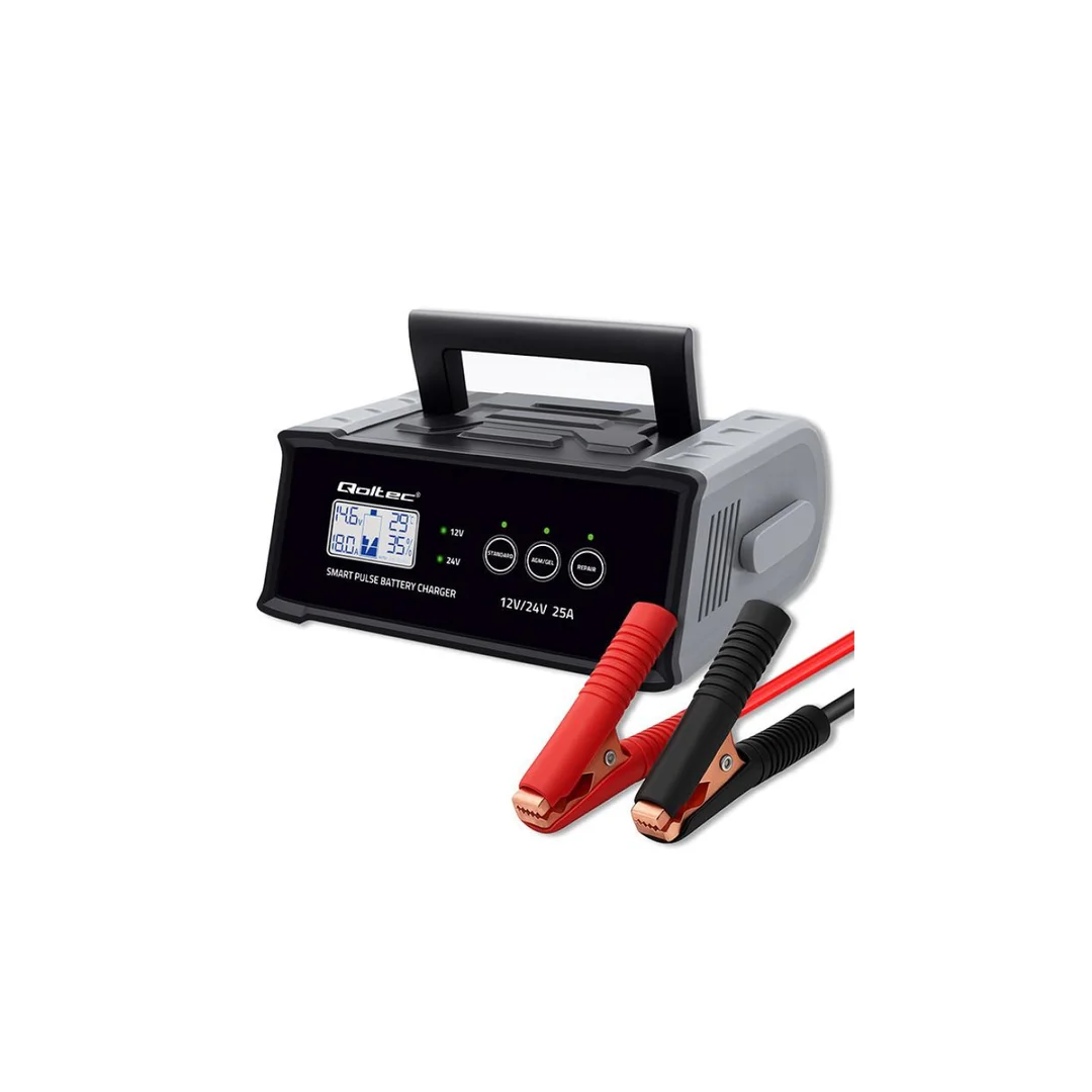 Qoltec Inteligentna mikroprocesorowa ładowarka 12V 24V 25A Prostownik z funkcją naprawy do akumulatora AGM GEL SLA LCD
