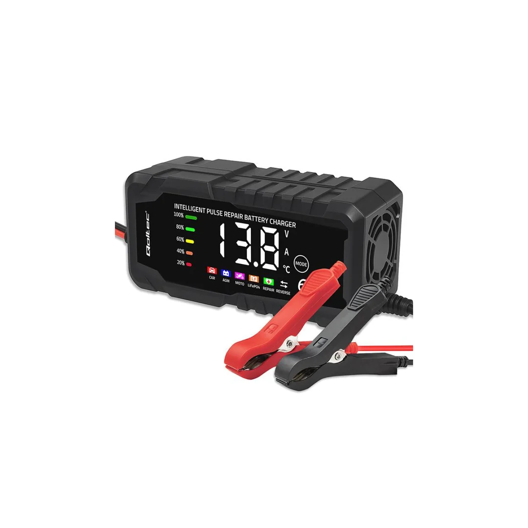 Qoltec Inteligentna mikroprocesorowa ładowarka 12V 6A Prostownik z funkcją naprawy do akumulatora AGM GEL LiFePO4 LCD