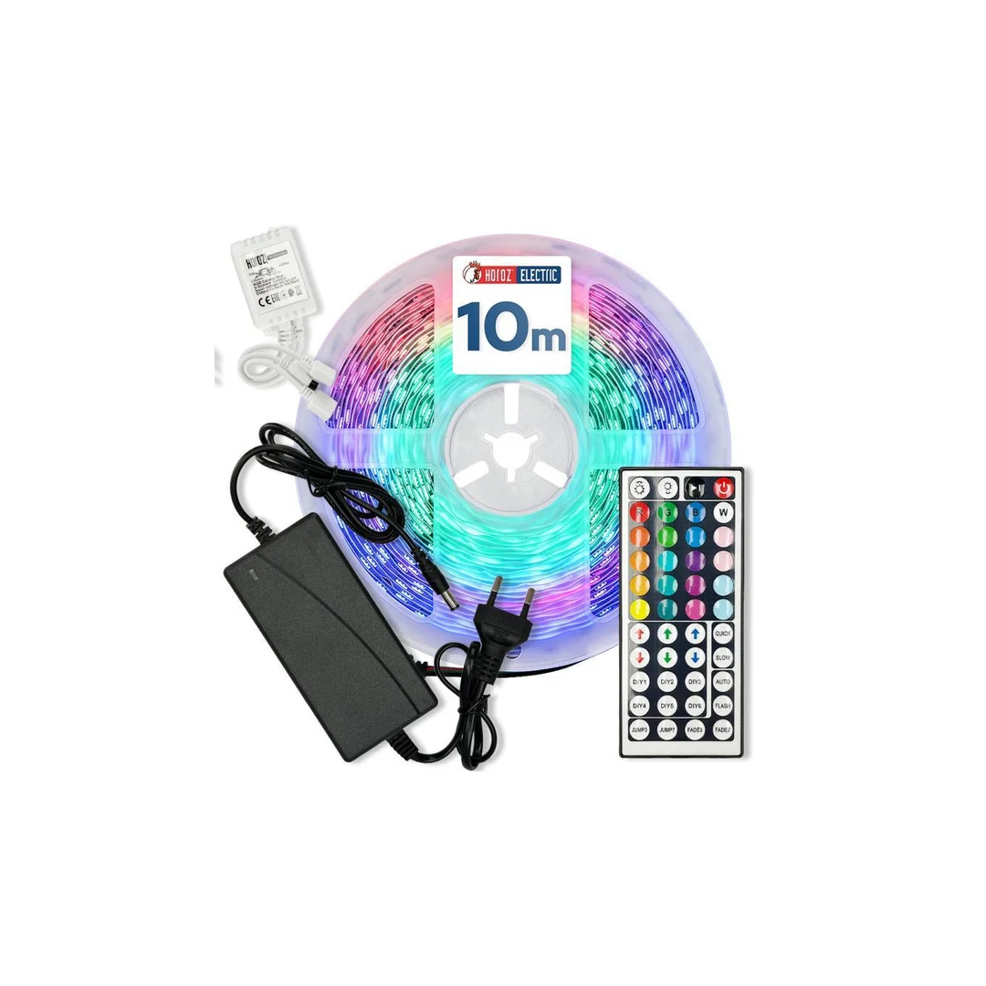 Taśma LED RGB, 24V, 10W/m, 800lm/m, IP20, ze sterownikiem, zasilaczem i pilotem, rolka 10m, VICTORY-10 HOROZ