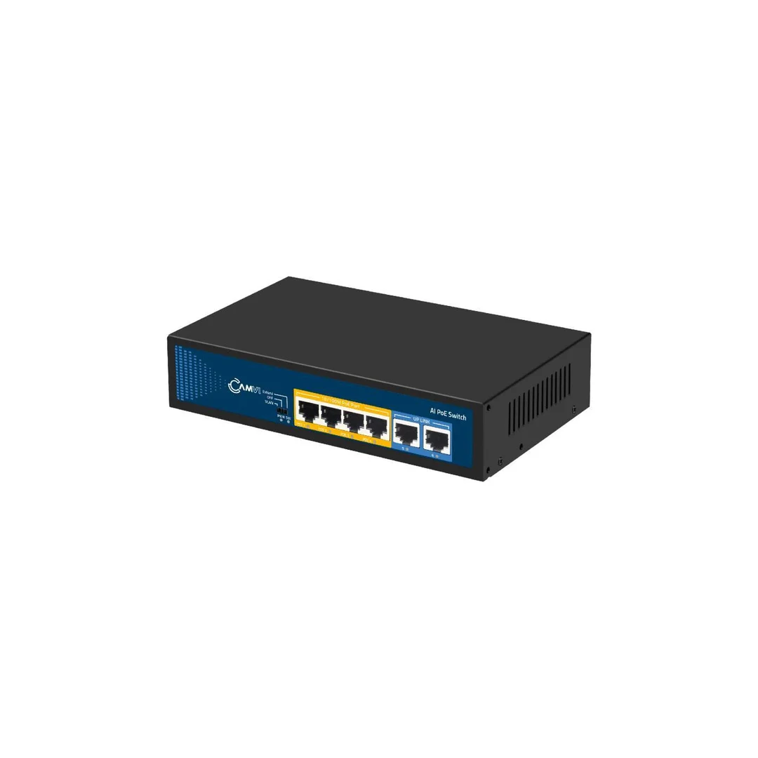 Switch PoE Desktop 6x port RJ45 (4x PoE+ Fast Ethernet 100Mb/s i 2x Uplink Fast Ethernet ) przełącznik niezarządzalny CAMVI