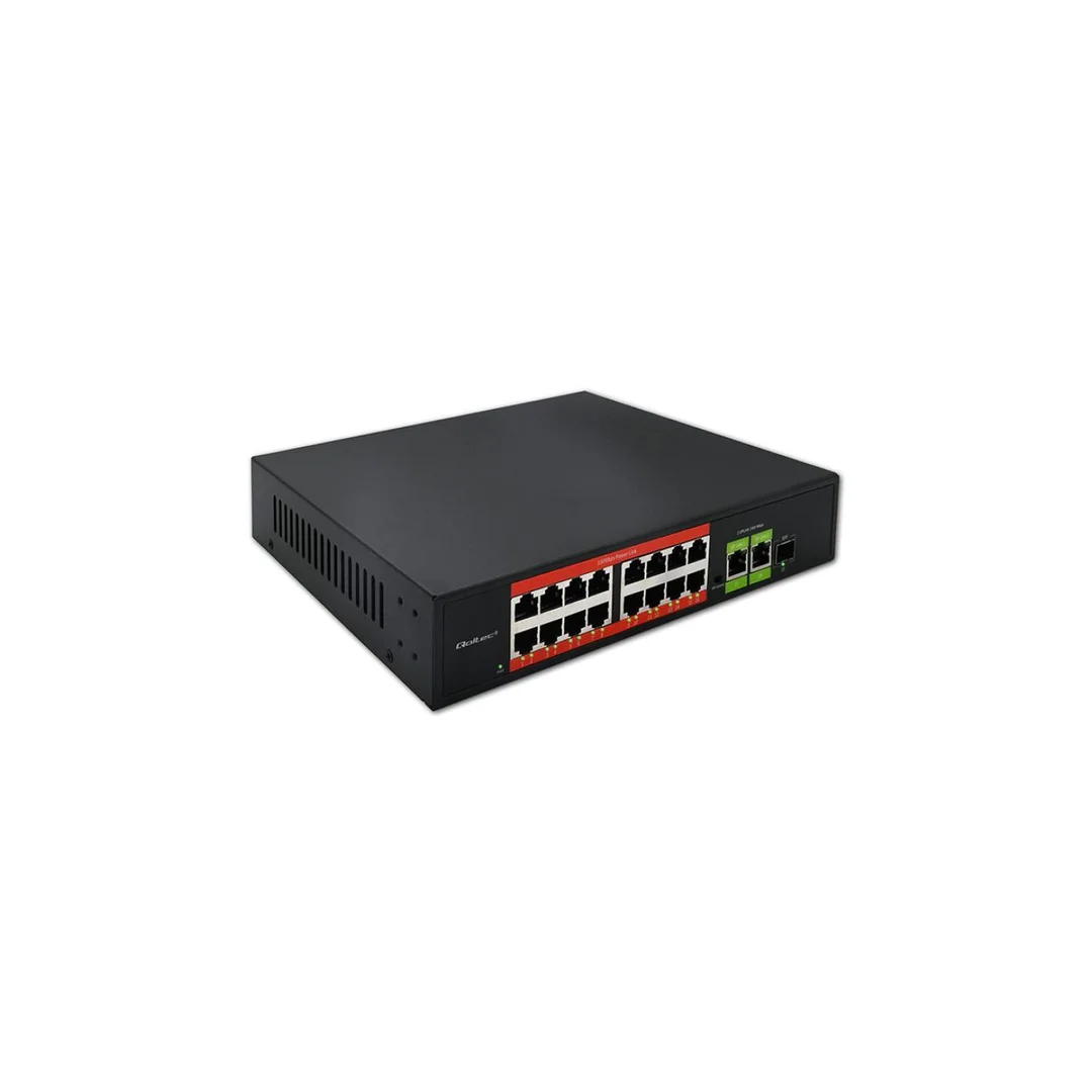 Qoltec Przełącznik sieciowy SWITCH Fast Ethernet PoE 16x RJ45 10/100 Mb/s 2x RJ45 Uplink 1000 Mb/s 1x SFP 1000 Mb/s