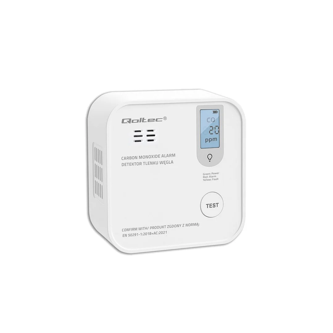Qoltec Certyfikowany bezprzewodowy Czujnik tlenku węgla (czadu) z baterią detektor CO żywotność sensora 10 lat alarm 85dB LED