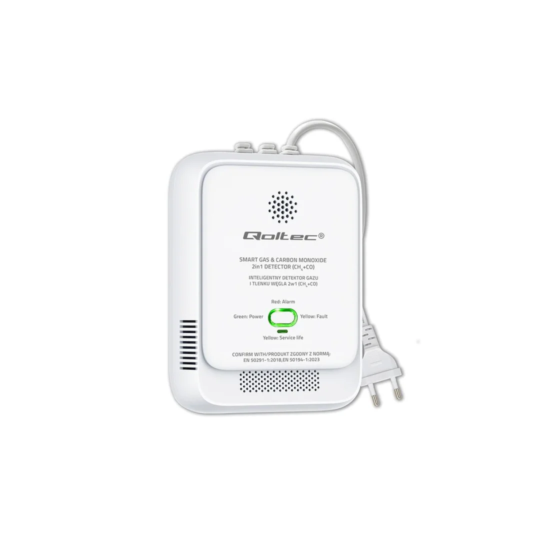 Qoltec Certyfikowany Czujnik wycieku gazu ziemnego i tlenku węgla (czadu) detektor CH4 CO alarm 85dB LED