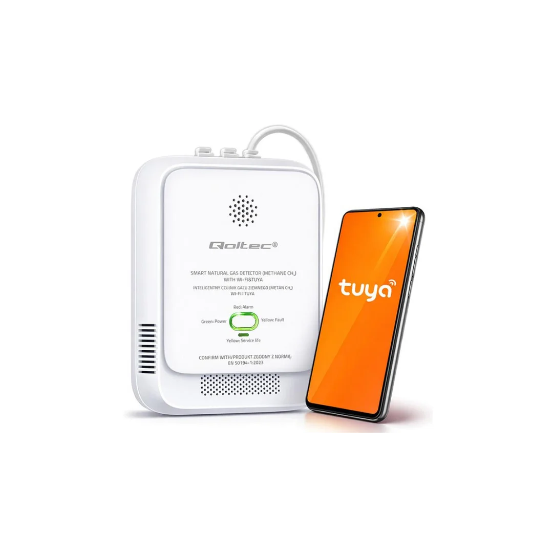 Qoltec Certyfikowany Czujnik wycieku gazu ziemnego detektor CH4 NG Tuya Wi-Fi alarm 85dB LED