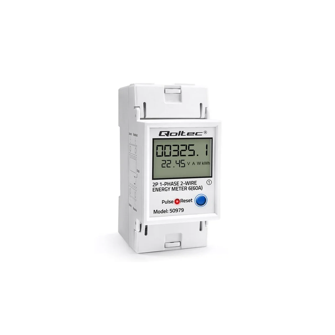 Qoltec Jednofazowy elektroniczny licznik zużycia energii na szynę DIN RESET licznik okresowy i stały 230V 60A LCD LED 2P