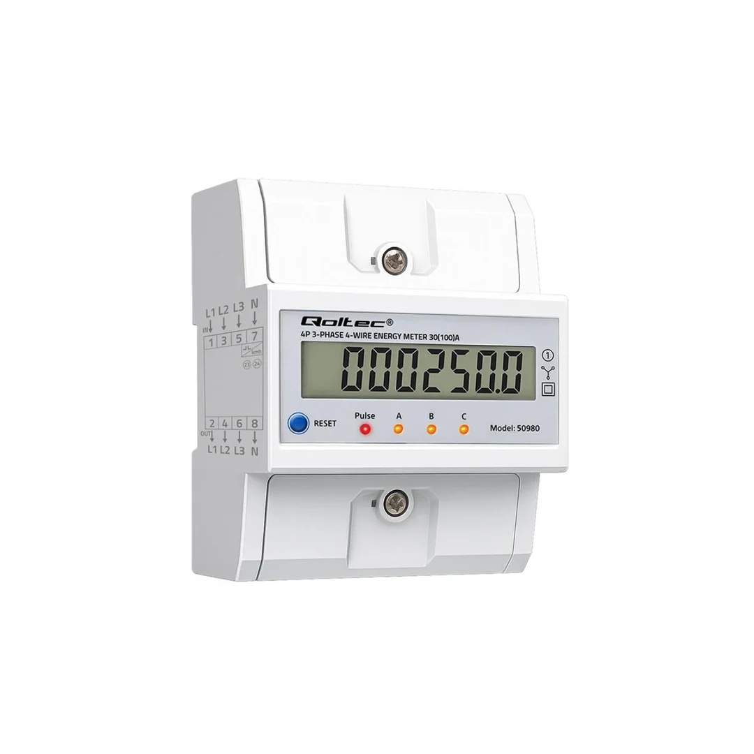 Qoltec Trójfazowy elektroniczny licznik z resetem miernik zużycia energii na szynę DIN 400V 100A LCD LED 4P