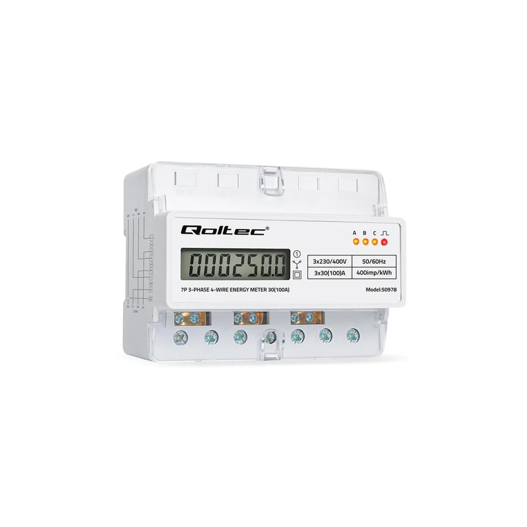 Qoltec Trójfazowy elektroniczny licznik miernik zużycia energii na szynę DIN 400V 100A LCD LED 7P