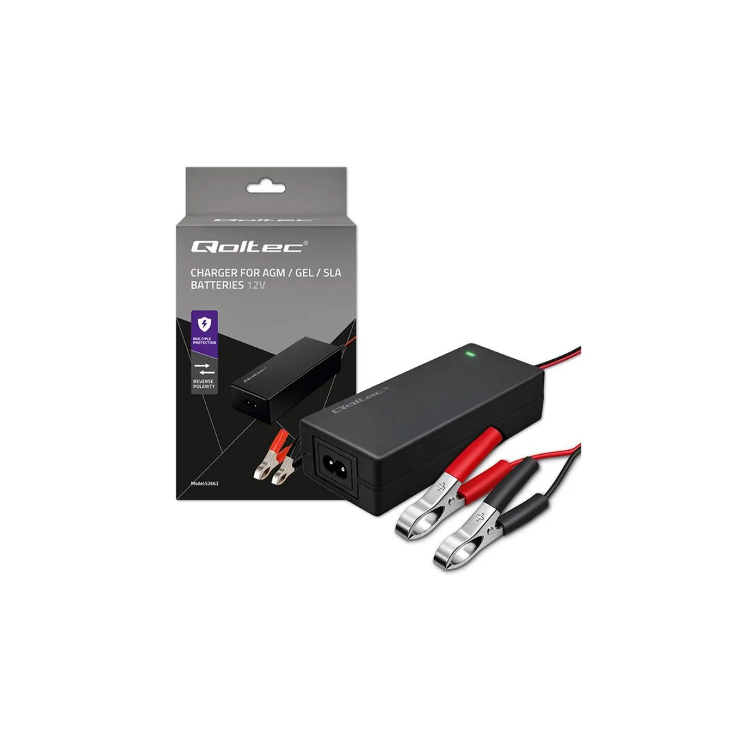 Qoltec Automatyczna ładowarka do akumulatora AGM GEL STD Prostownik 12V 2A 24W LED Kabel 1.8m