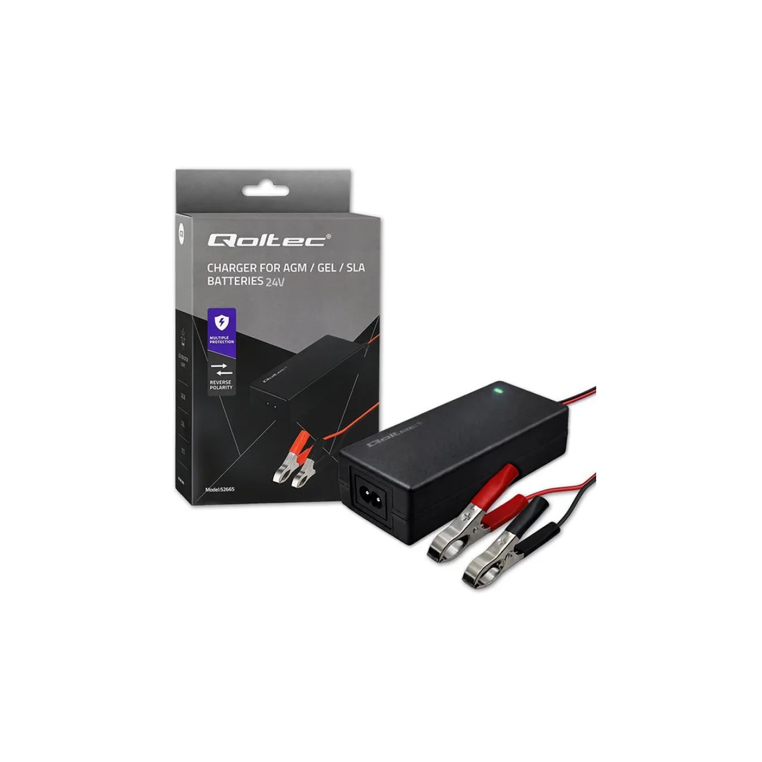 Qoltec Automatyczna ładowarka do akumulatora AGM GEL STD Prostownik 24V 2A 48W LED Kabel 1.8m