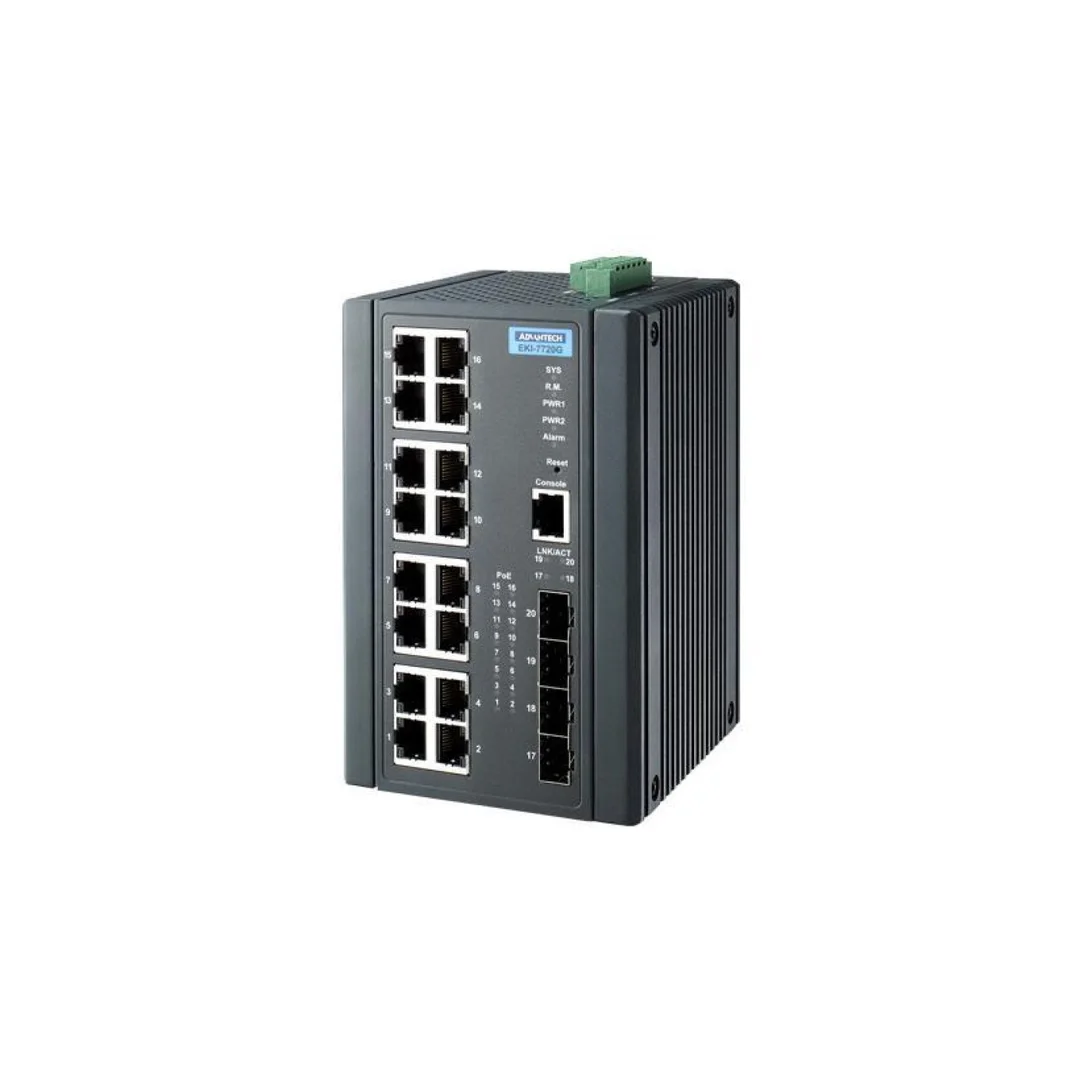 Zarządzalny przełącznik sieciowy warstwy 2, z 16x port GE PoE, 4x port SFP, szeroki zakres temperaturowy EKI-7720G-4FPI-BE