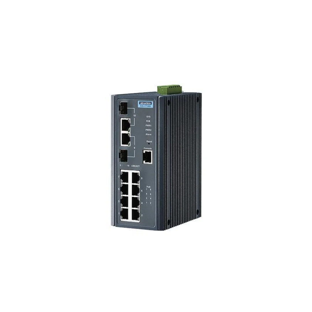 Zarządzalny przełącznik sieciowy warstwy 2 (L2) z PoE, 8 portami GE i 2 portami combo Gigabit RJ-45 lub SFP EKI-7710G-2CPI-BE