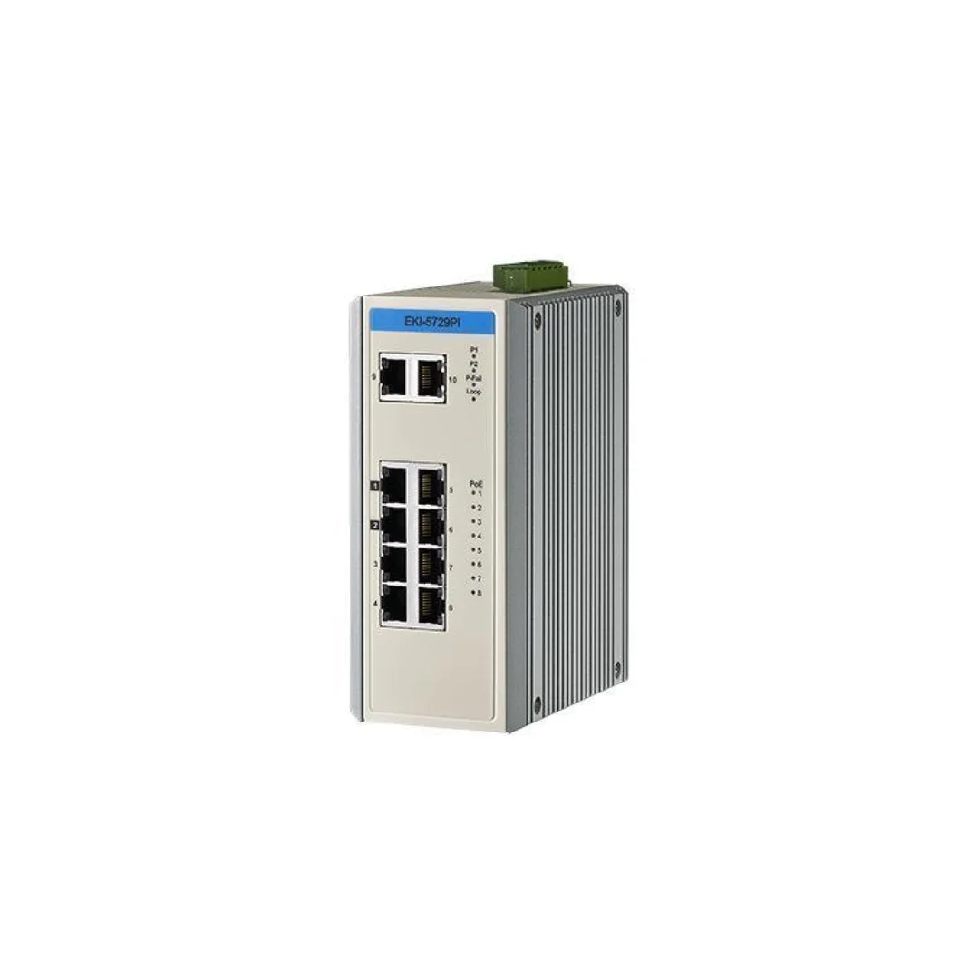 Niezarządzalny przełącznik sieciowy z 8x PoE RJ-45, 2x GE, EMS lvl. 3, E-mark, szerokim zakresem temperaturowym EKI-5729PI-AE