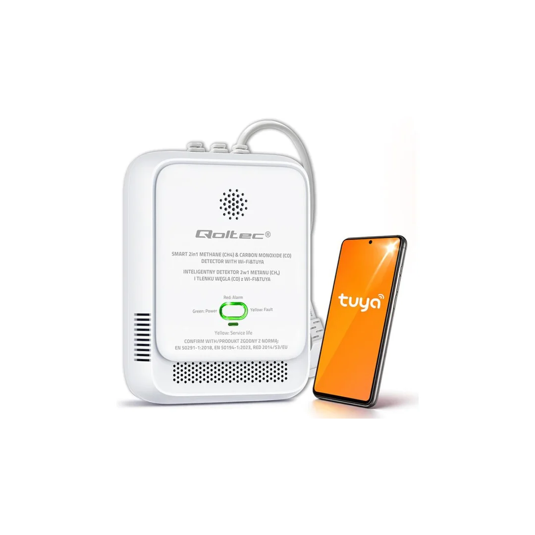 Qoltec Certyfikowany Czujnik 2w1 wycieku gazu ziemnego i tlenku węgla (czadu) detektor CH4 CO NG Tuya Wi-Fi alarm 85dB LED