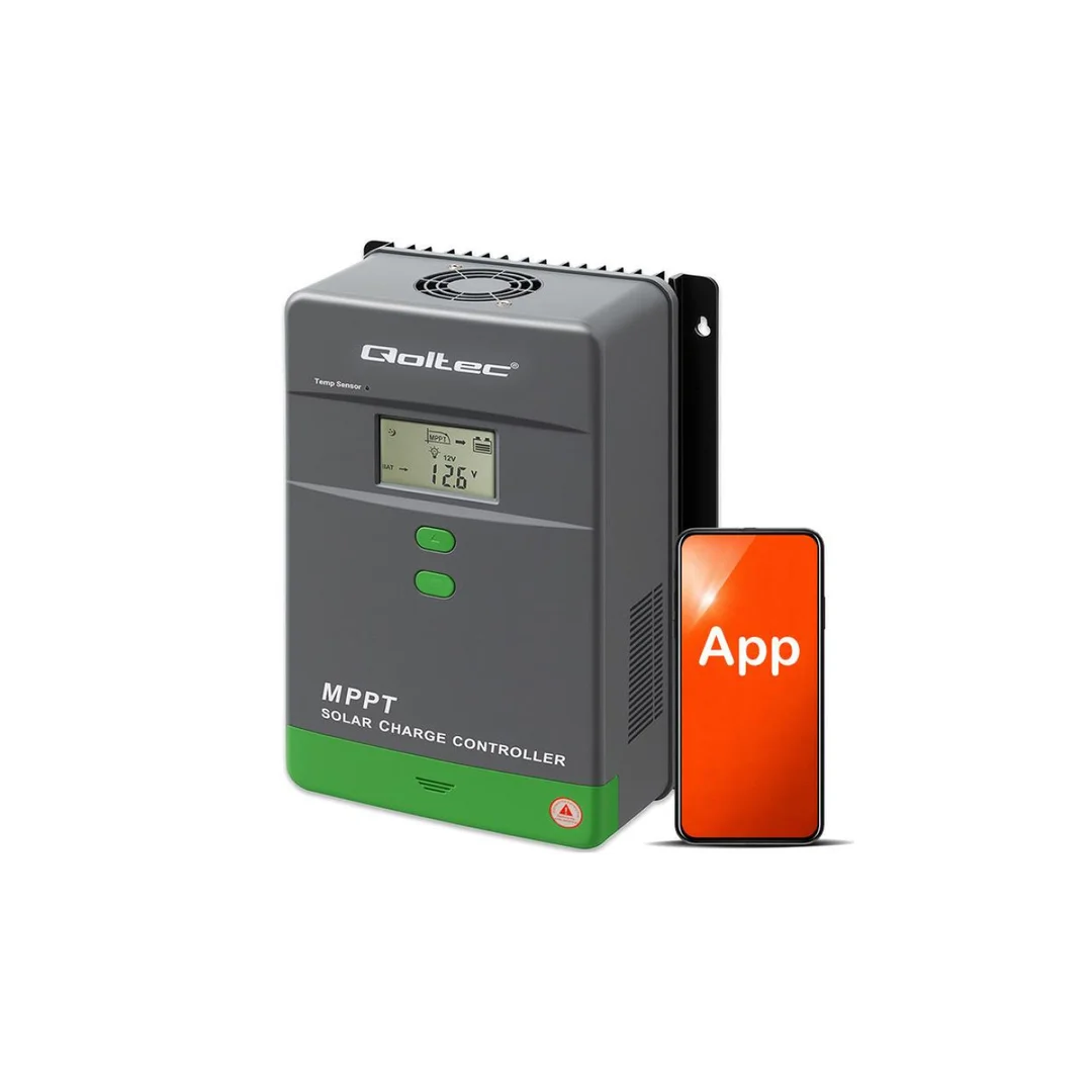 Qoltec Solarny regulator ładowania MPPT z czujnikiem temperatury 80A 12V / 24V / 36V / 48V LCD Bluetooth APP GEL LiFePO4