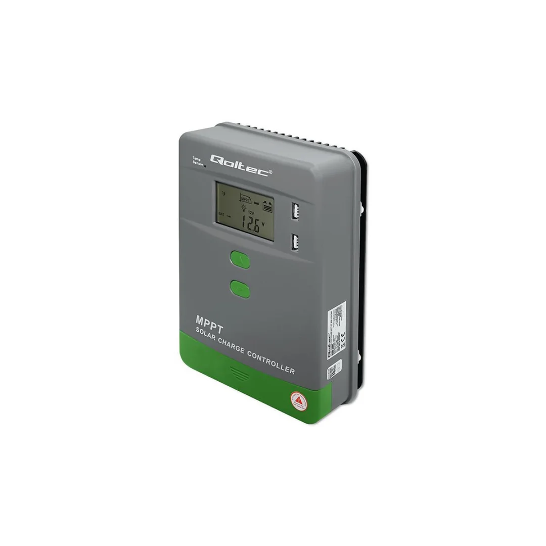 Qoltec Solarny regulator ładowania MPPT z czujnikiem temperatury 20A 12V / 24V LCD 2 x USB GEL LiFePO4