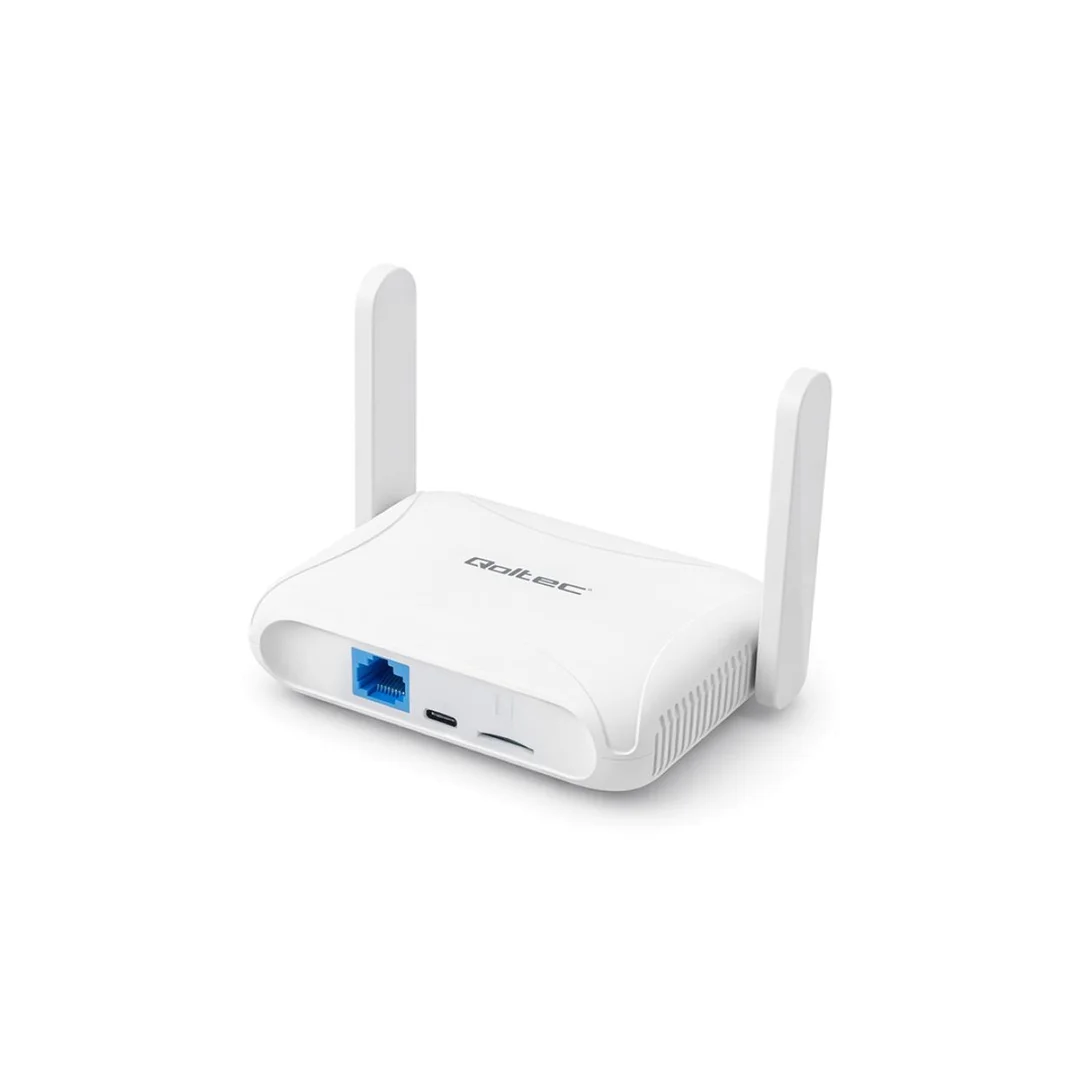 56980 Qoltec Router Home i Travel 4G LTE Wi-Fi 6 AX300Mb/s 2.4GHz TDD FDD OpenVPM USB-C Micro SIM