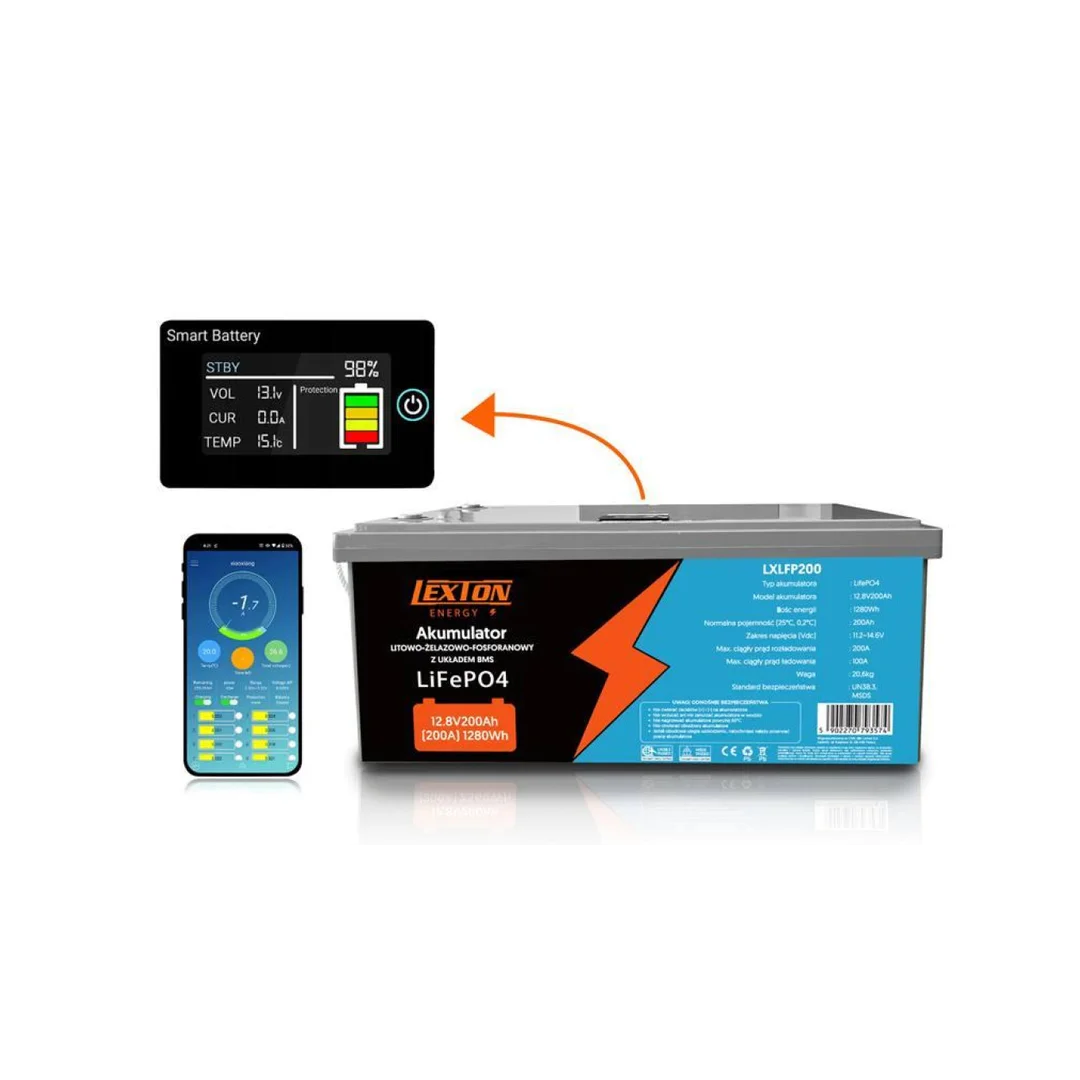 Akumulator LiFePO4 (litowo-żelazowo-fosforanowy) 12,8V 200Ah z układem BMS, wyświetlaczem LCD i Bluetooth