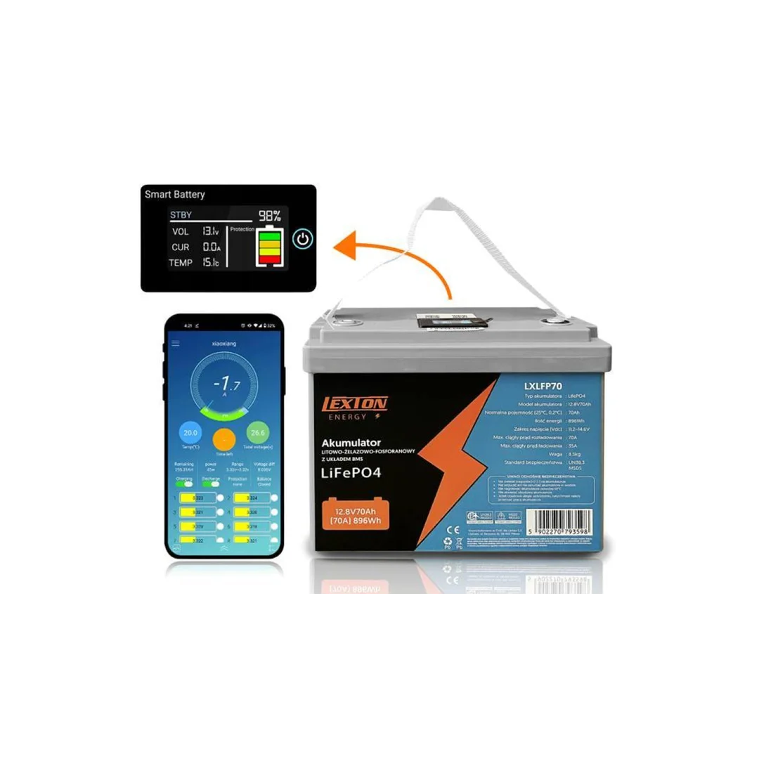 Akumulator LiFePO4 (litowo-żelazowo-fosforanowy) 12,8V 70Ah z układem BMS, wyświetlaczem LCD i Bluetooth