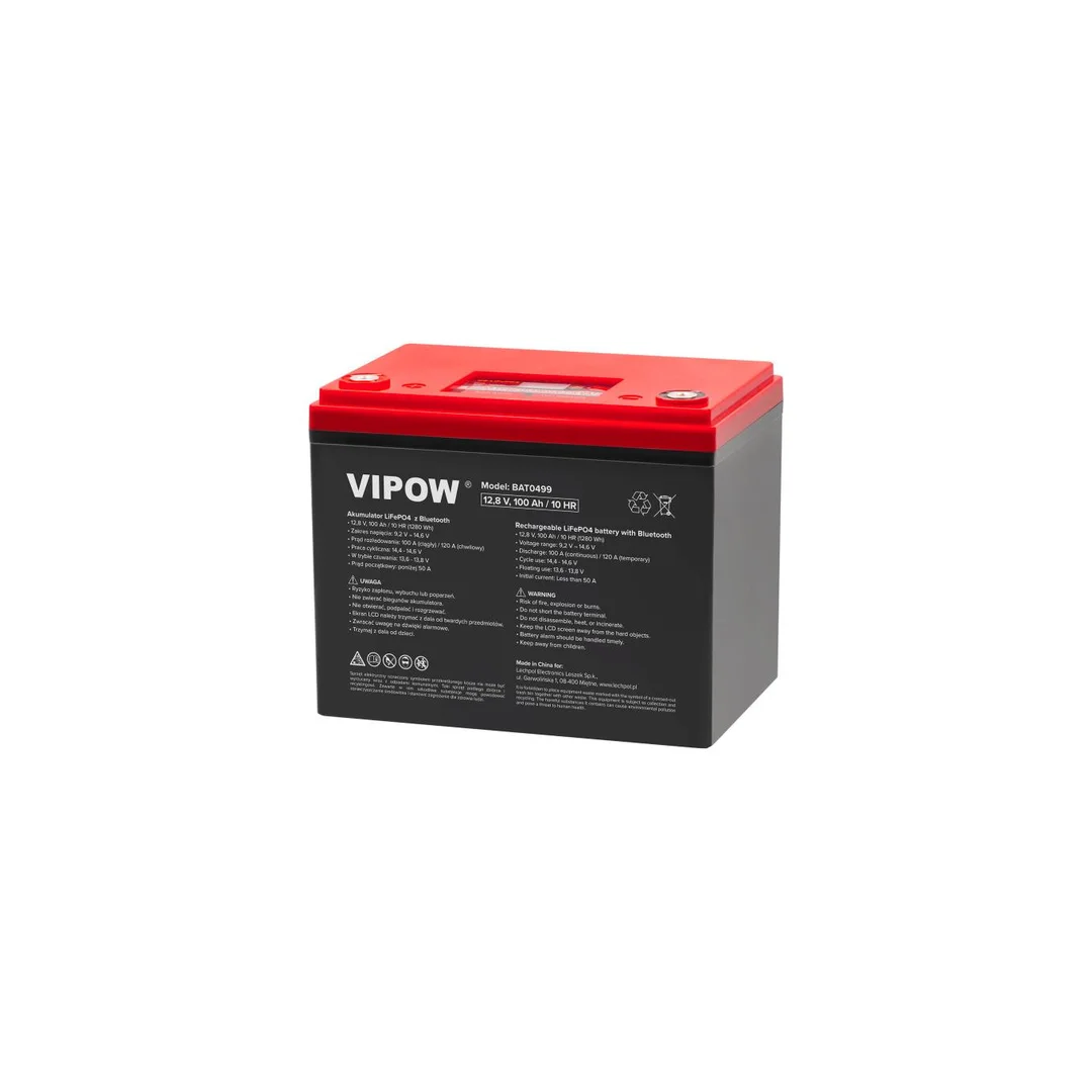 Akumulator LiFePO4 (litowo-żelazowo-fosforanowy) 12,8V 100Ah z układem BMS, wyświetlaczem LCD i Bluetooth Vipow