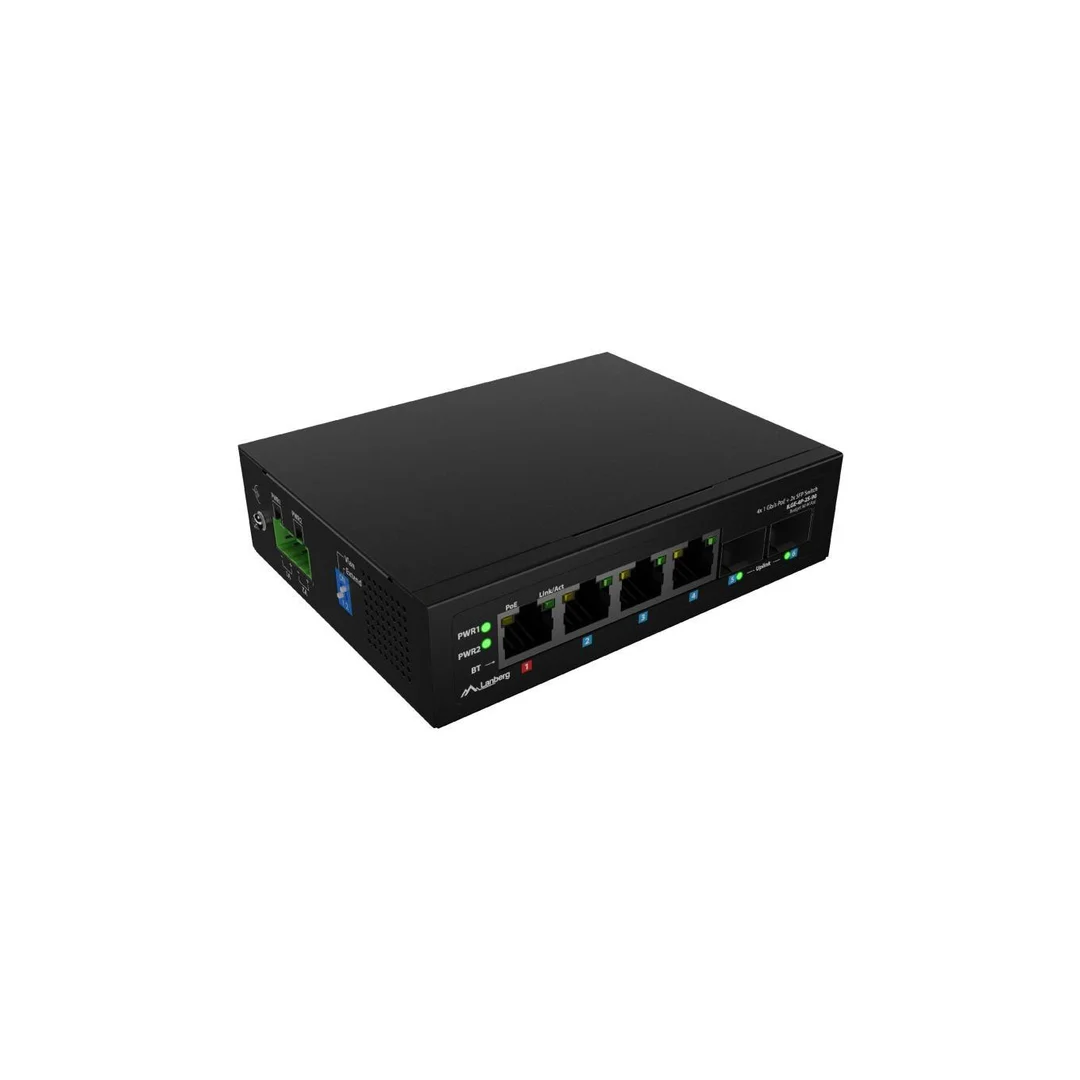 Switch PoE przemysłowy 4x port RJ45 (PoE++ Gigabit Ethernet) + 2x port Uplink SFP przełącznik niezarządzalny LANBERG